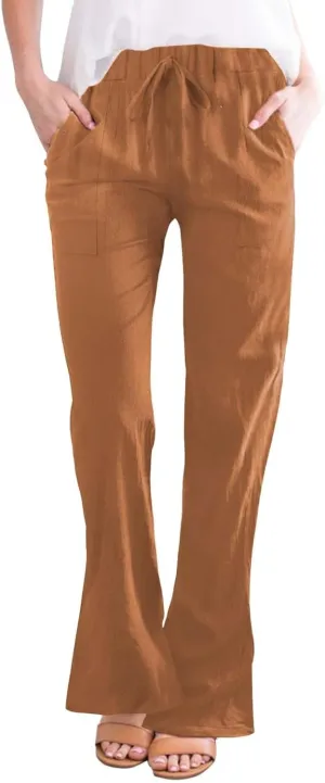 Womens Linen Pants for Summer and Linen Pocket Waist Slim Bell Bottom Trousers Linen Slacks for Women