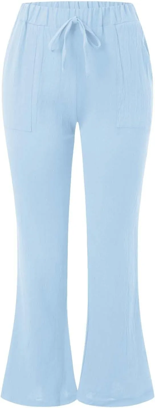 Womens Linen Pants for Summer and Linen Pocket Waist Slim Bell Bottom Trousers Linen Slacks for Women
