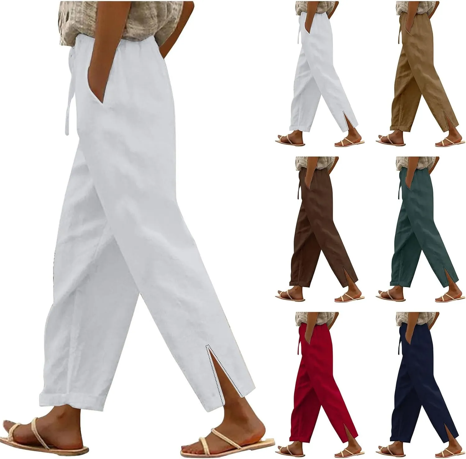 Womens Linen Pants Summer Elastic High Waist Straight Leg Pant Casual Fashion Lightweight Lounge Loose Beach Trouser
