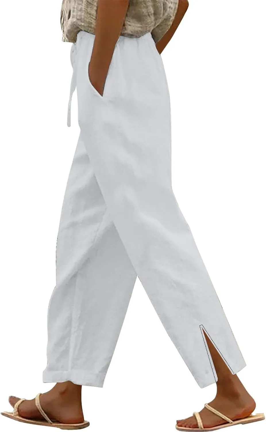 Womens Linen Pants Summer Elastic High Waist Straight Leg Pant Casual Fashion Lightweight Lounge Loose Beach Trouser