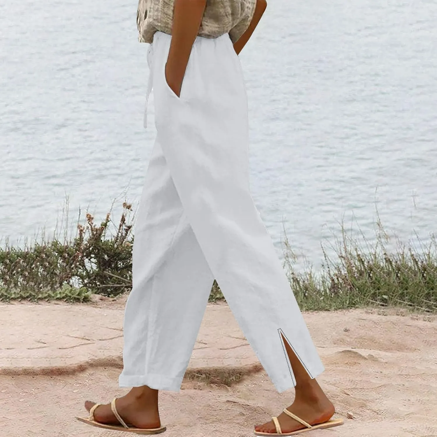 Womens Linen Pants Summer Elastic High Waist Straight Leg Pant Casual Fashion Lightweight Lounge Loose Beach Trouser