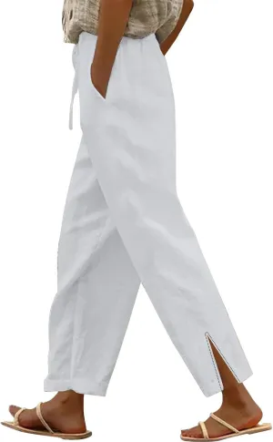 Womens Linen Pants Summer Elastic High Waist Straight Leg Pant Casual Fashion Lightweight Lounge Loose Beach Trouser