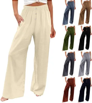Womens Linen Pants Summer Wide Leg Palazzo High Waist Lightweight Beach Casual Vacation Pant