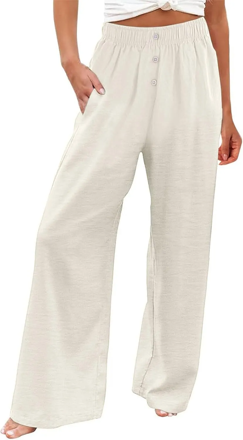 Womens Linen Pants Summer Wide Leg Palazzo High Waist Lightweight Beach Casual Vacation Pant