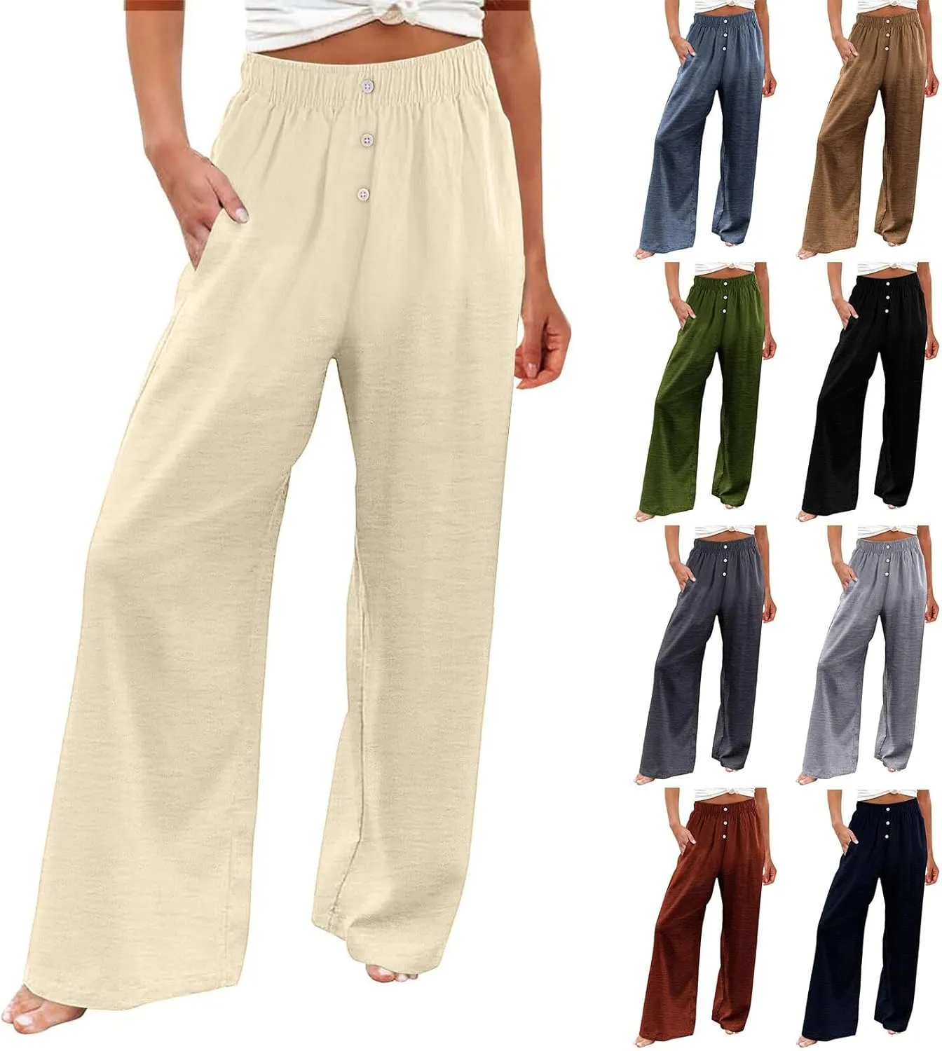 Womens Linen Pants Summer Wide Leg Palazzo High Waist Lightweight Beach Casual Vacation Pant