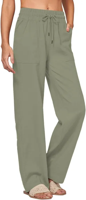Womens Linen Pants Wide Leg Elastic High Waist Pants Summer Casual Work Long Trousers with Pockets Lounge Wear
