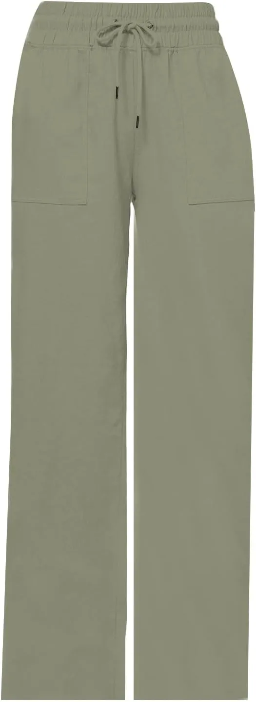 Womens Linen Pants Wide Leg Elastic High Waist Pants Summer Casual Work Long Trousers with Pockets Lounge Wear