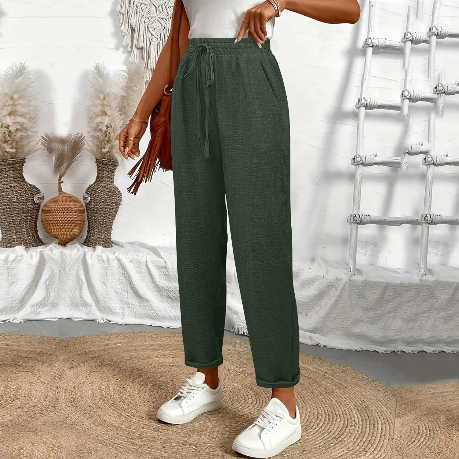 Womens Linen Pants with Pockets Petite Length Drawstring Elastic Waisted Casual Summer Pants 2025