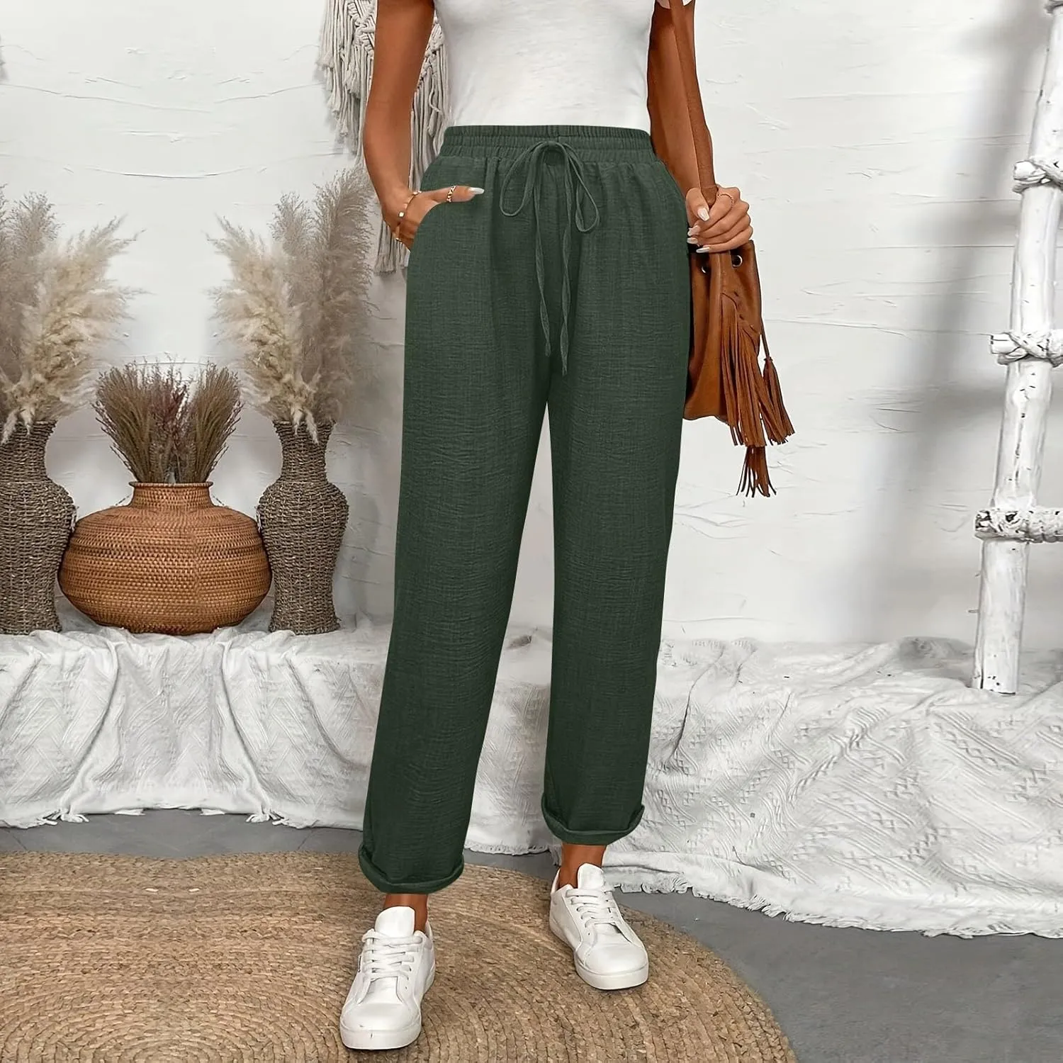 Womens Linen Pants with Pockets Petite Length Drawstring Elastic Waisted Casual Summer Pants 2025