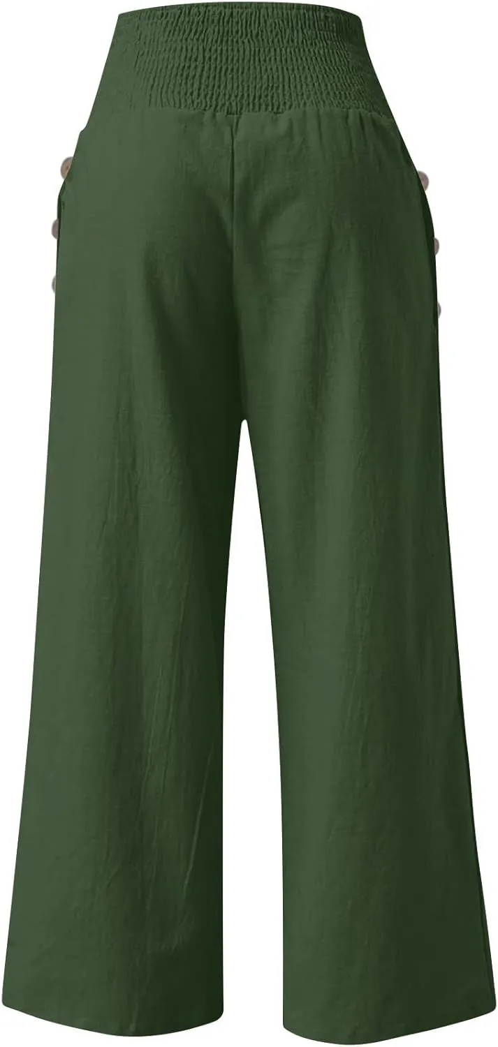 Womens Linen Pants with Pockets Vacation Dressy Elastic Waist Lightweight Casual Cotton Linen Capris