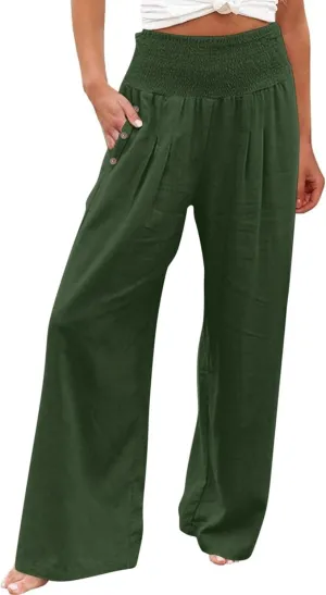 Womens Linen Pants with Pockets Vacation Dressy Elastic Waist Lightweight Casual Cotton Linen Capris