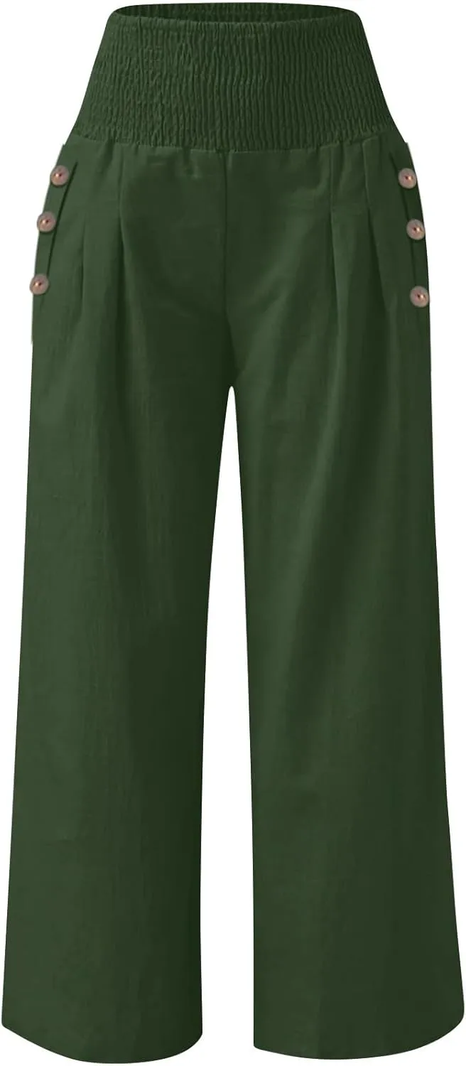 Womens Linen Pants with Pockets Vacation Dressy Elastic Waist Lightweight Casual Cotton Linen Capris