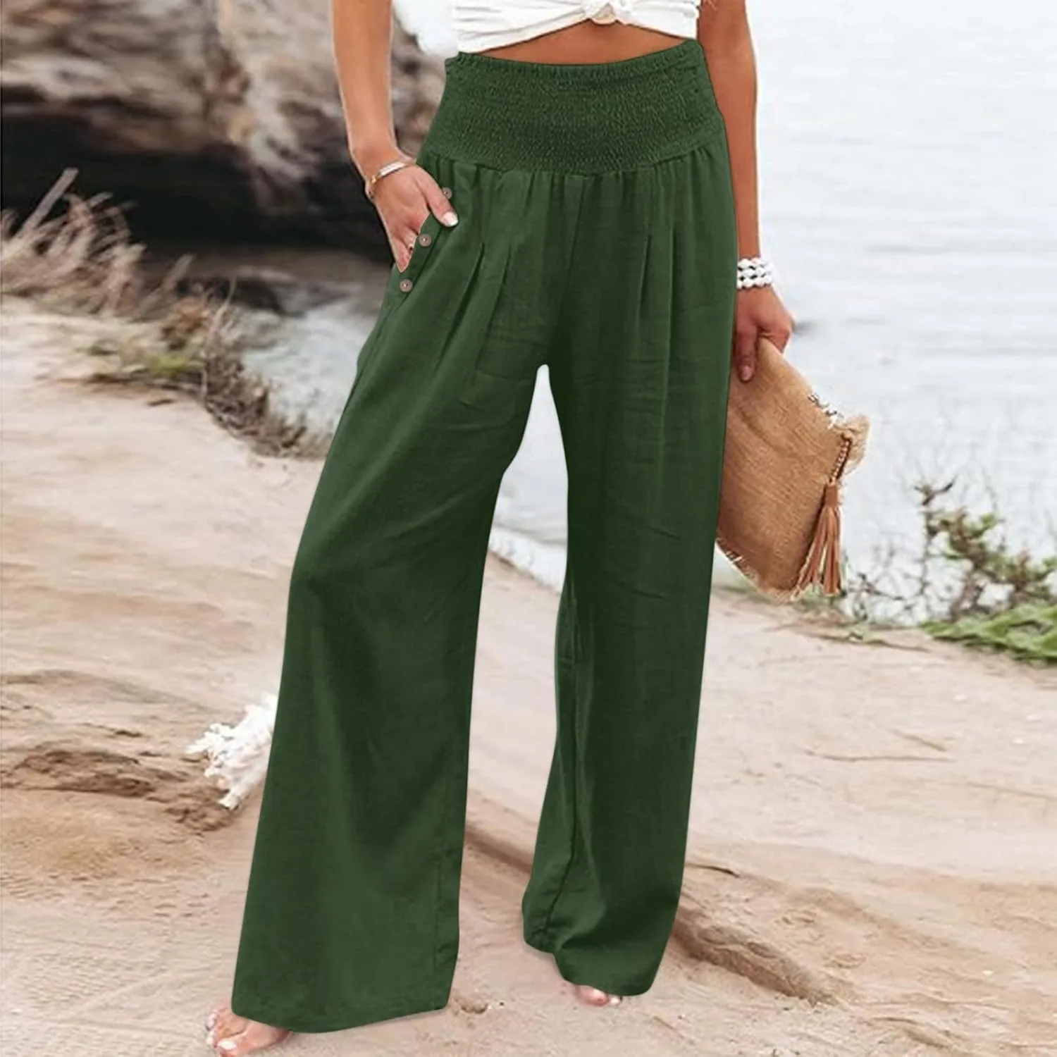 Womens Linen Pants with Pockets Vacation Dressy Elastic Waist Lightweight Casual Cotton Linen Capris