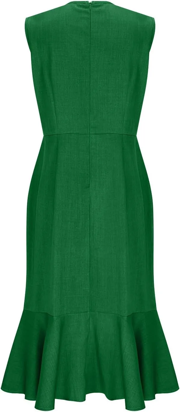 Women's Linen Sleeveless V-Neck Fishtail Midi Dress Wrap Ruched Solid A-line High Waist Bodycon Mermaid Dresses