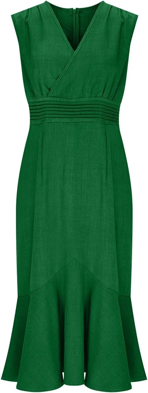 Women's Linen Sleeveless V-Neck Fishtail Midi Dress Wrap Ruched Solid A-line High Waist Bodycon Mermaid Dresses