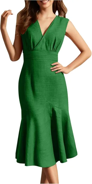 Women's Linen Sleeveless V-Neck Fishtail Midi Dress Wrap Ruched Solid A-line High Waist Bodycon Mermaid Dresses