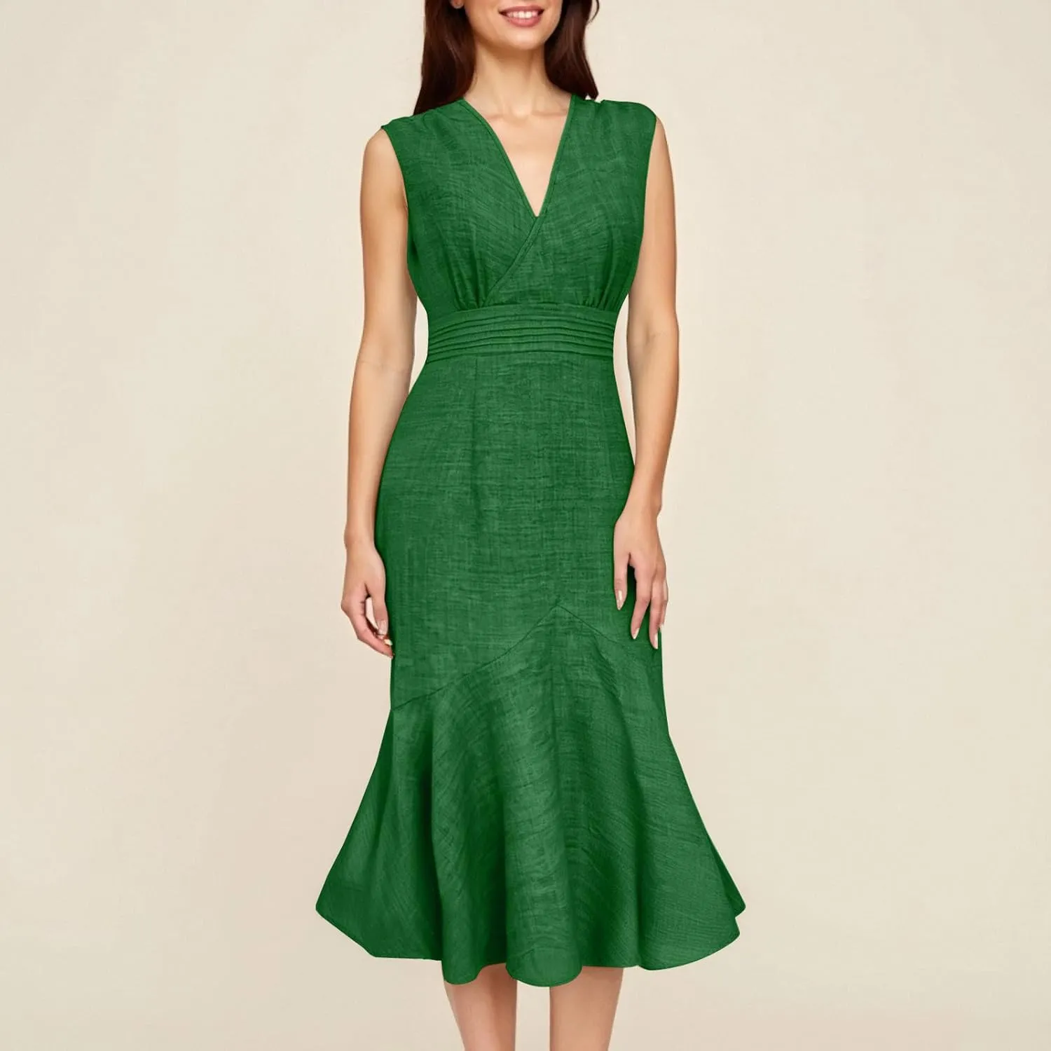 Women's Linen Sleeveless V-Neck Fishtail Midi Dress Wrap Ruched Solid A-line High Waist Bodycon Mermaid Dresses