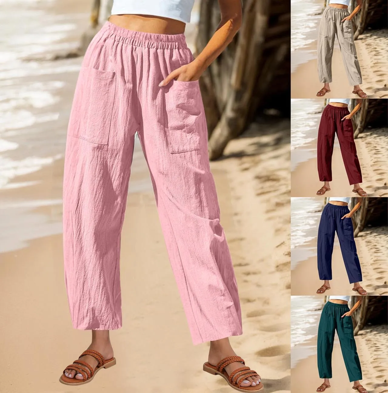 Womens Linen Wide Leg Harem Pants Elastic High Waist Slacks Lightweight Loose Casual Long Lounge Trousers with Pockets