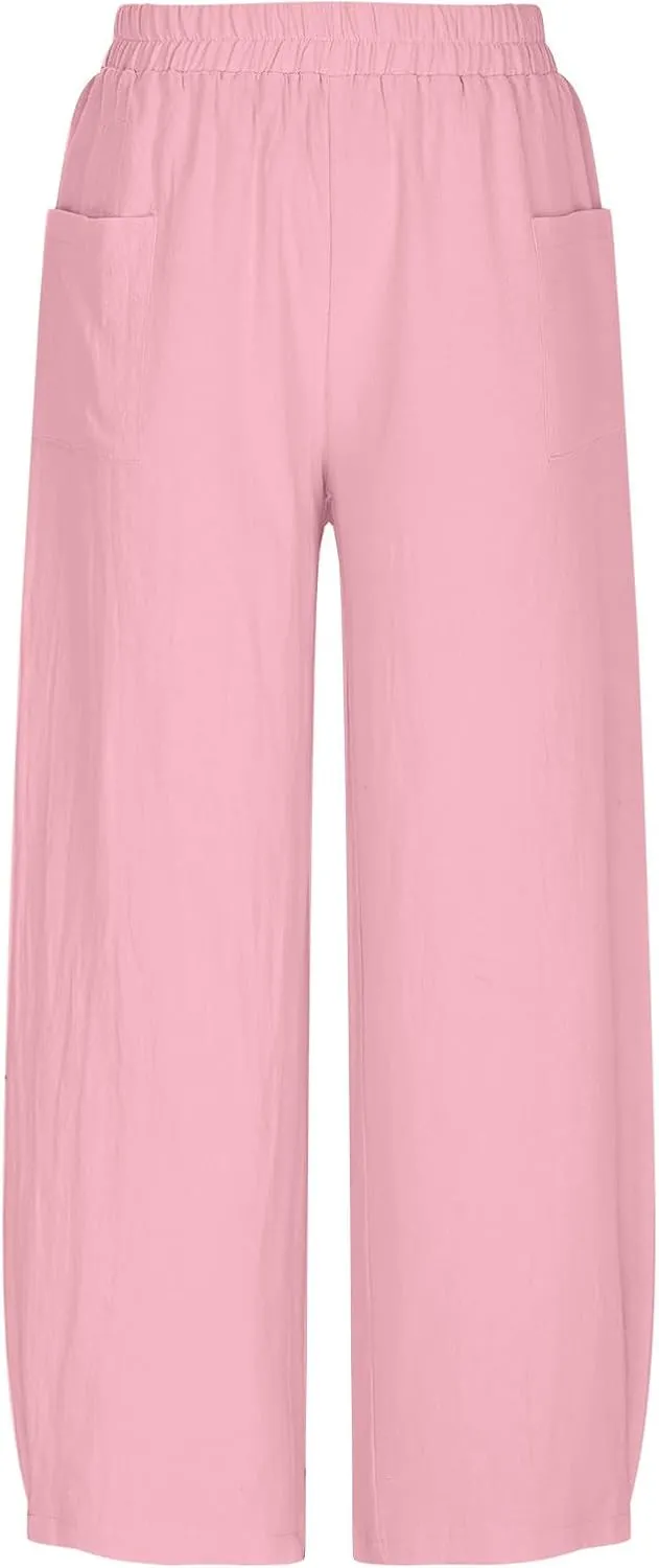 Womens Linen Wide Leg Harem Pants Elastic High Waist Slacks Lightweight Loose Casual Long Lounge Trousers with Pockets