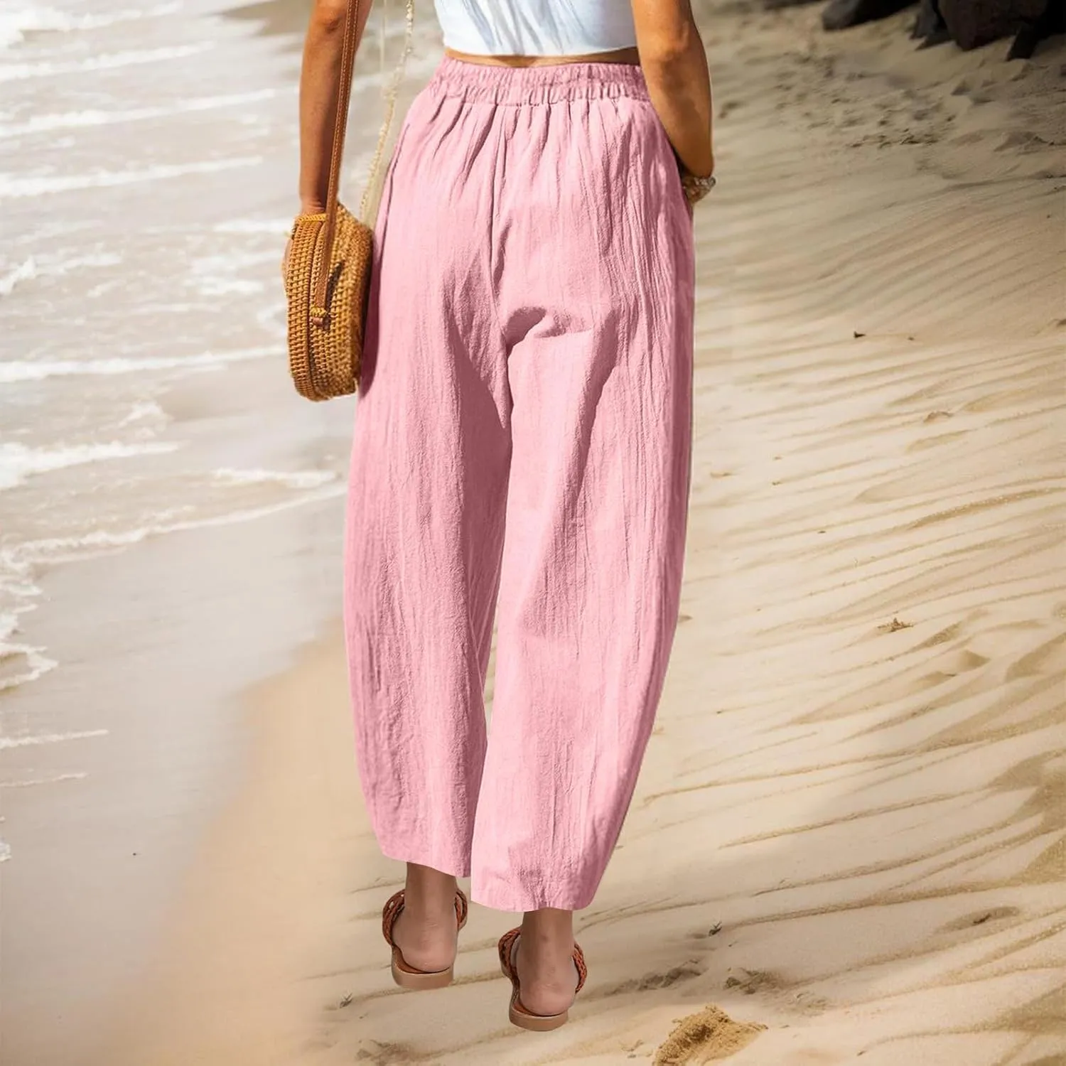 Womens Linen Wide Leg Harem Pants Elastic High Waist Slacks Lightweight Loose Casual Long Lounge Trousers with Pockets