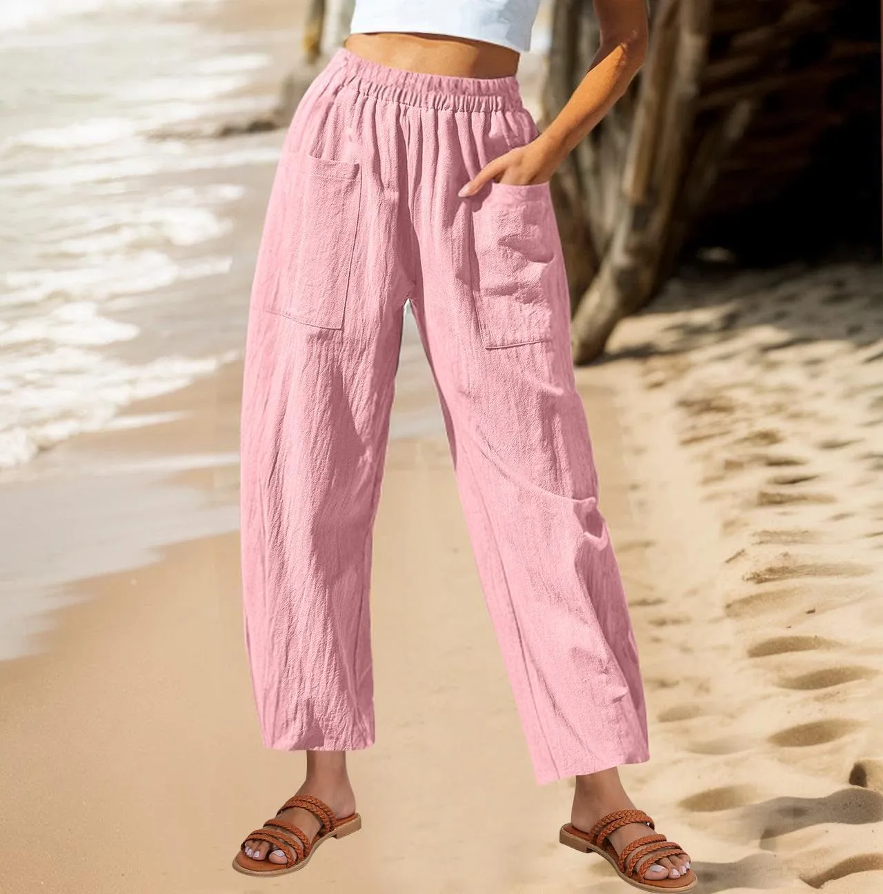 Womens Linen Wide Leg Harem Pants Elastic High Waist Slacks Lightweight Loose Casual Long Lounge Trousers with Pockets