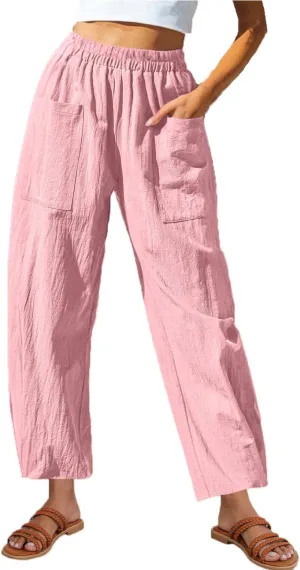 Womens Linen Wide Leg Harem Pants Elastic High Waist Slacks Lightweight Loose Casual Long Lounge Trousers with Pockets
