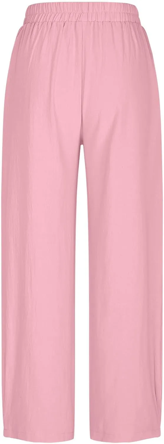 Womens Linen Wide Leg Harem Pants Elastic High Waist Slacks Lightweight Loose Casual Long Lounge Trousers with Pockets