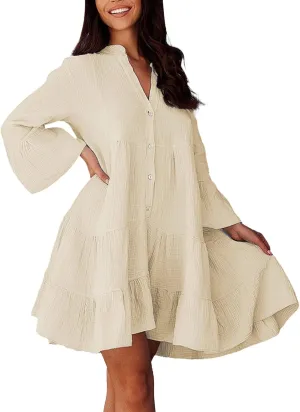 Women's Long Sleeve Botton Ruffle Dresses Casual Loose Swing Mini Dress Women Maxi Dresses Summer