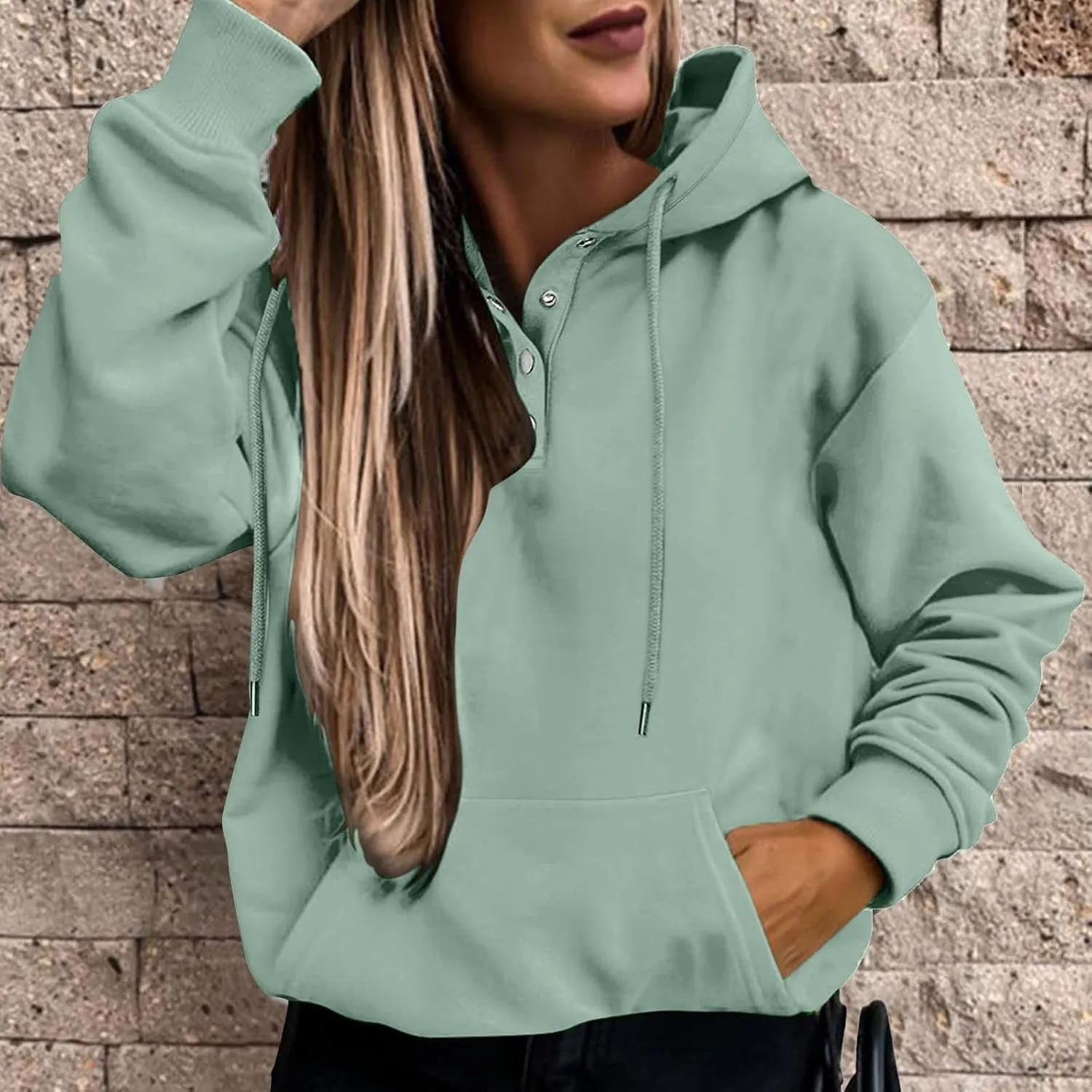 Women's Long Sleeve Oversized Pullover Solid Color Letter Print Hoodie Fall Winter Loose Sweatshirt with Pockets