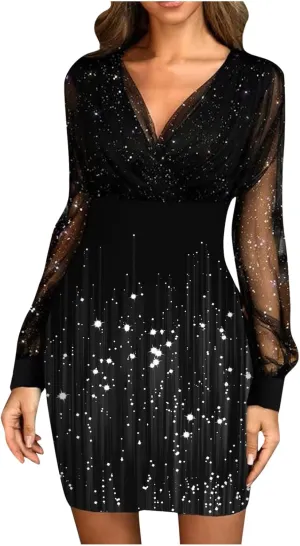 Women's Long Sleeve V-Neck Lace Printed Cocktail Prom Dresses