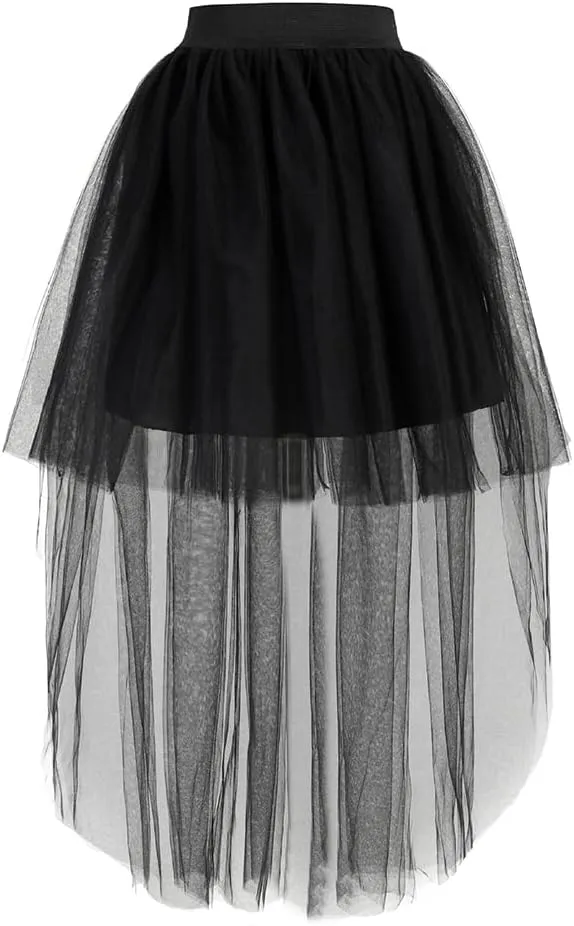 Women's Long Tutu Tulle Bustle Skirt With Elastic Waist - Party High Low Mesh Net Lace Overlay Maxi