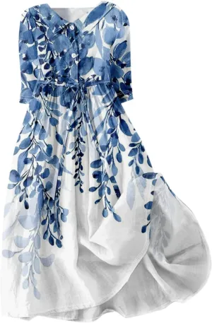 Women's Midi Dresses 2025 Summer Loose Trendy 3/4 Sleeve Button Vintage Floral Printed Boho Sun Dress Plus Size, S-3XL