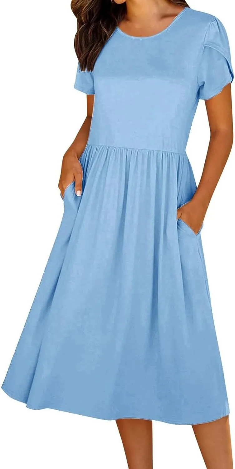 Womens Mini Dress Crewneck Short Sleeve T-Shirt Dresses Summer Casual Tunic Pleated Aline Swing Dress with Pockets