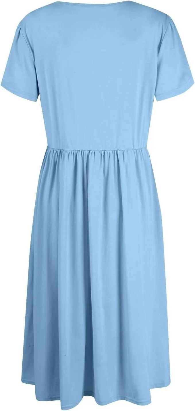 Womens Mini Dress Crewneck Short Sleeve T-Shirt Dresses Summer Casual Tunic Pleated Aline Swing Dress with Pockets
