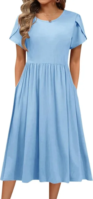 Womens Mini Dress Crewneck Short Sleeve T-Shirt Dresses Summer Casual Tunic Pleated Aline Swing Dress with Pockets