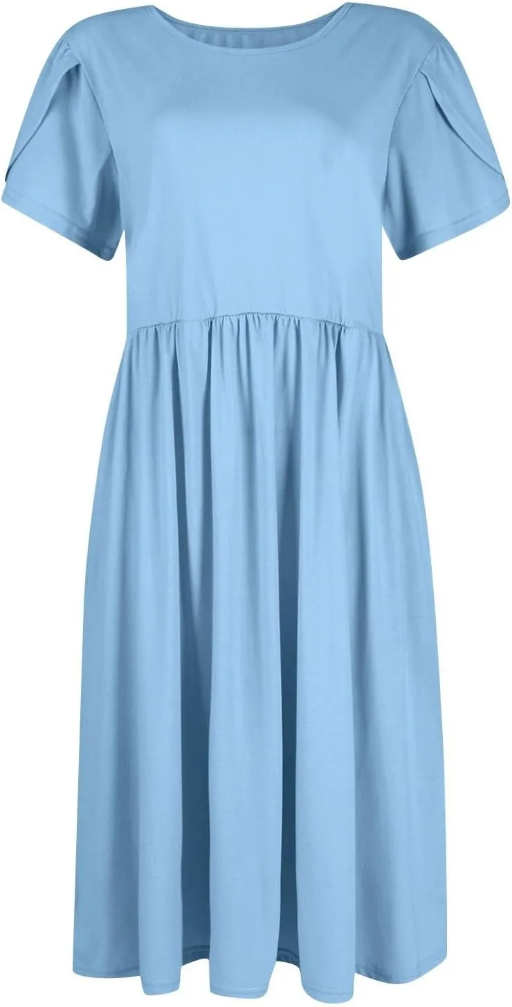 Womens Mini Dress Crewneck Short Sleeve T-Shirt Dresses Summer Casual Tunic Pleated Aline Swing Dress with Pockets