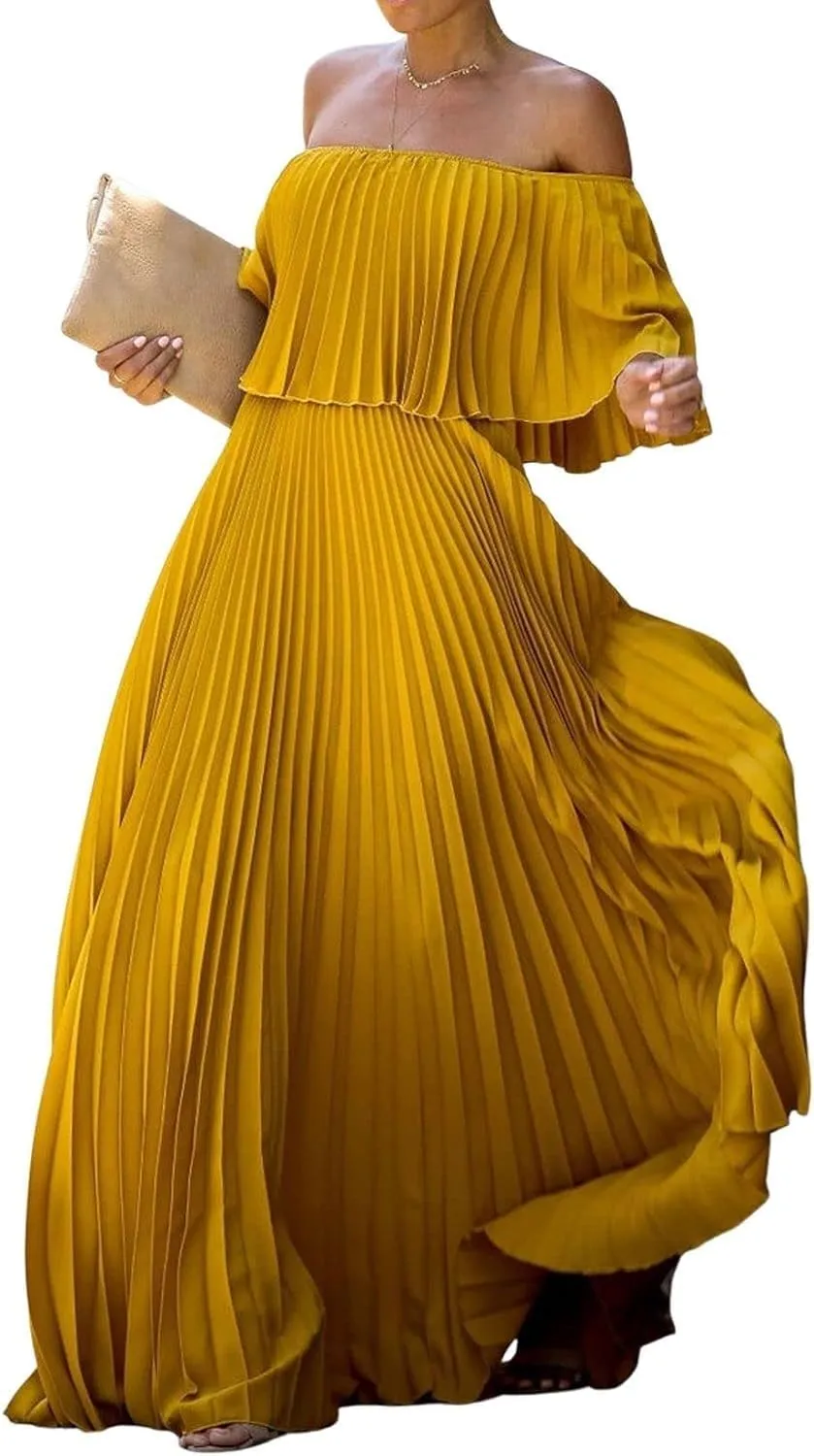 Womens Off The Shoulder Maxi Dress Pleated Half Sleeve A-Line Sundress Loose Fit Party Cocktail Summer Dresses