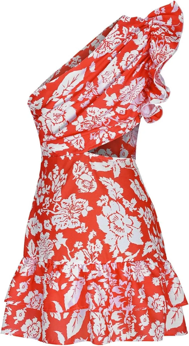 Women's One Shoulder Floral Dresses Cutout Flowy Ruffle Hem Short Mini Beach Dress Backless Sexy Boho Sundresses
