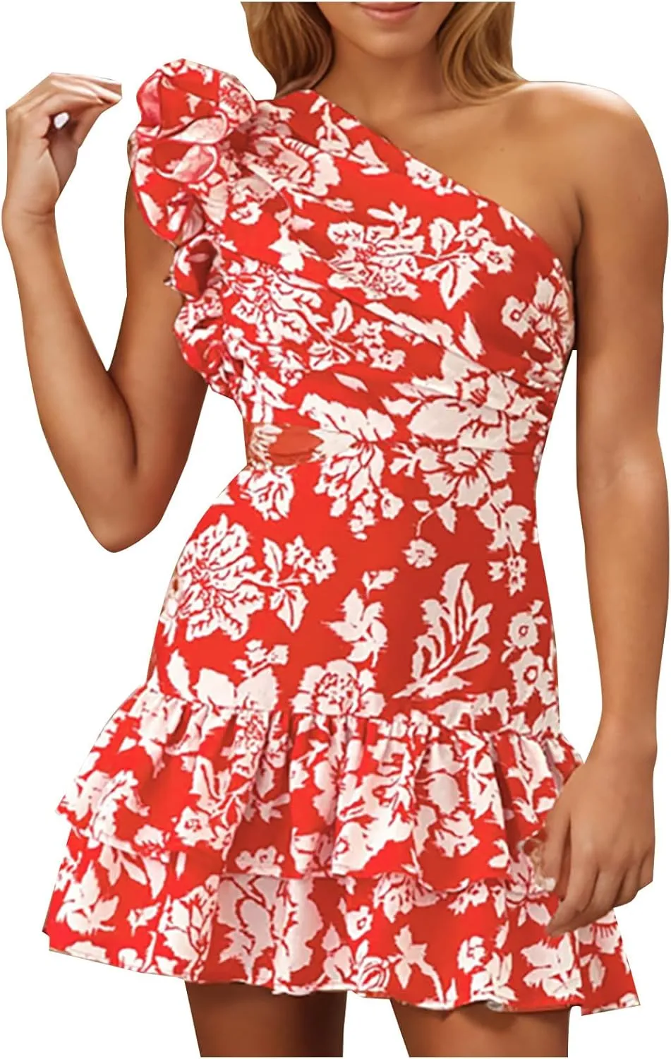 Women's One Shoulder Floral Dresses Cutout Flowy Ruffle Hem Short Mini Beach Dress Backless Sexy Boho Sundresses