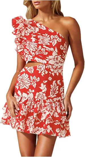 Women's One Shoulder Floral Dresses Cutout Flowy Ruffle Hem Short Mini Beach Dress Backless Sexy Boho Sundresses