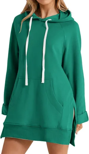 Women's Oversized Casual Pullover Long Sleeve Split Hem Drawstring Hoodies Dress, Long Hoodies for Women with Pocket
