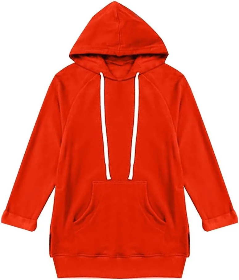 Women's Oversized Casual Pullover Long Sleeve Split Hem Drawstring Hoodies Dress, Long Hoodies for Women with Pocket