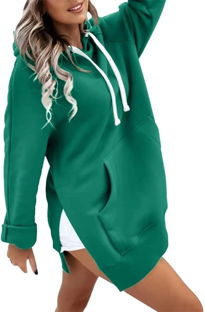 Women's Oversized Casual Pullover Long Sleeve Split Hem Drawstring Hoodies Dress, Long Hoodies for Women with Pocket