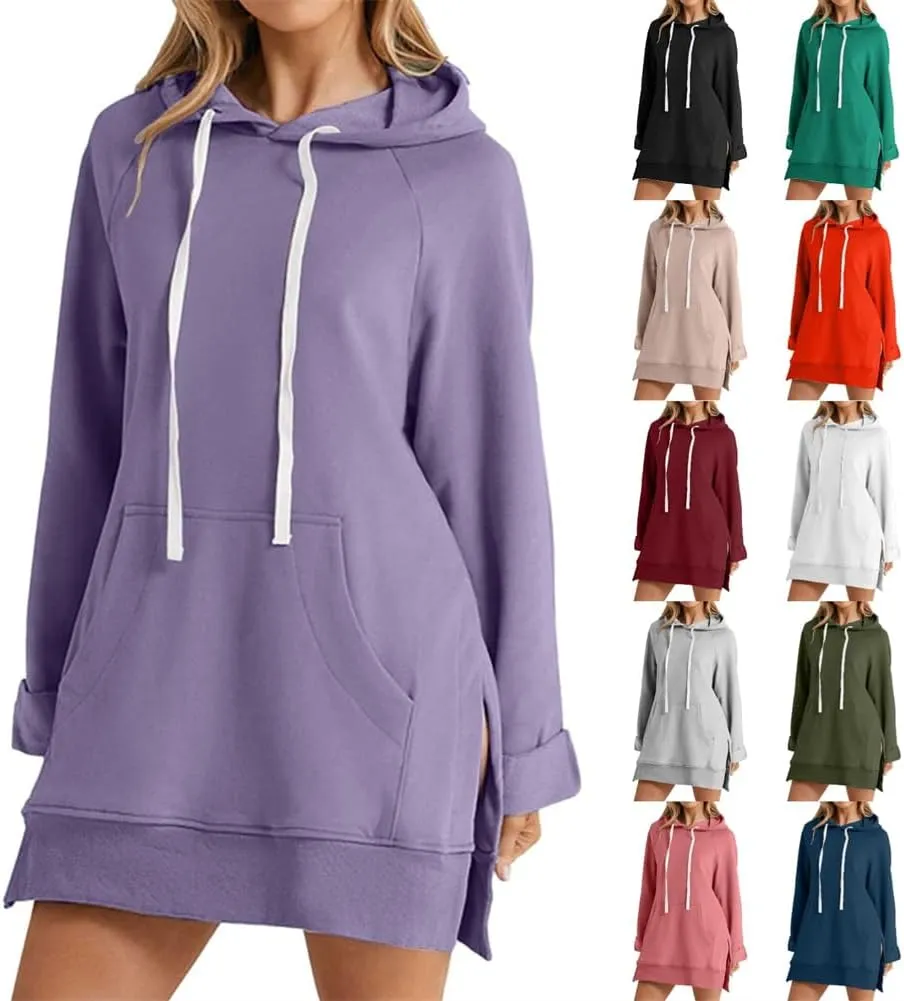 Women's Oversized Casual Pullover Long Sleeve Split Hem Drawstring Hoodies Dress, Long Hoodies for Women with Pocket