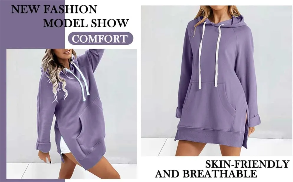 Women's Oversized Casual Pullover Long Sleeve Split Hem Drawstring Hoodies Dress, Long Hoodies for Women with Pocket