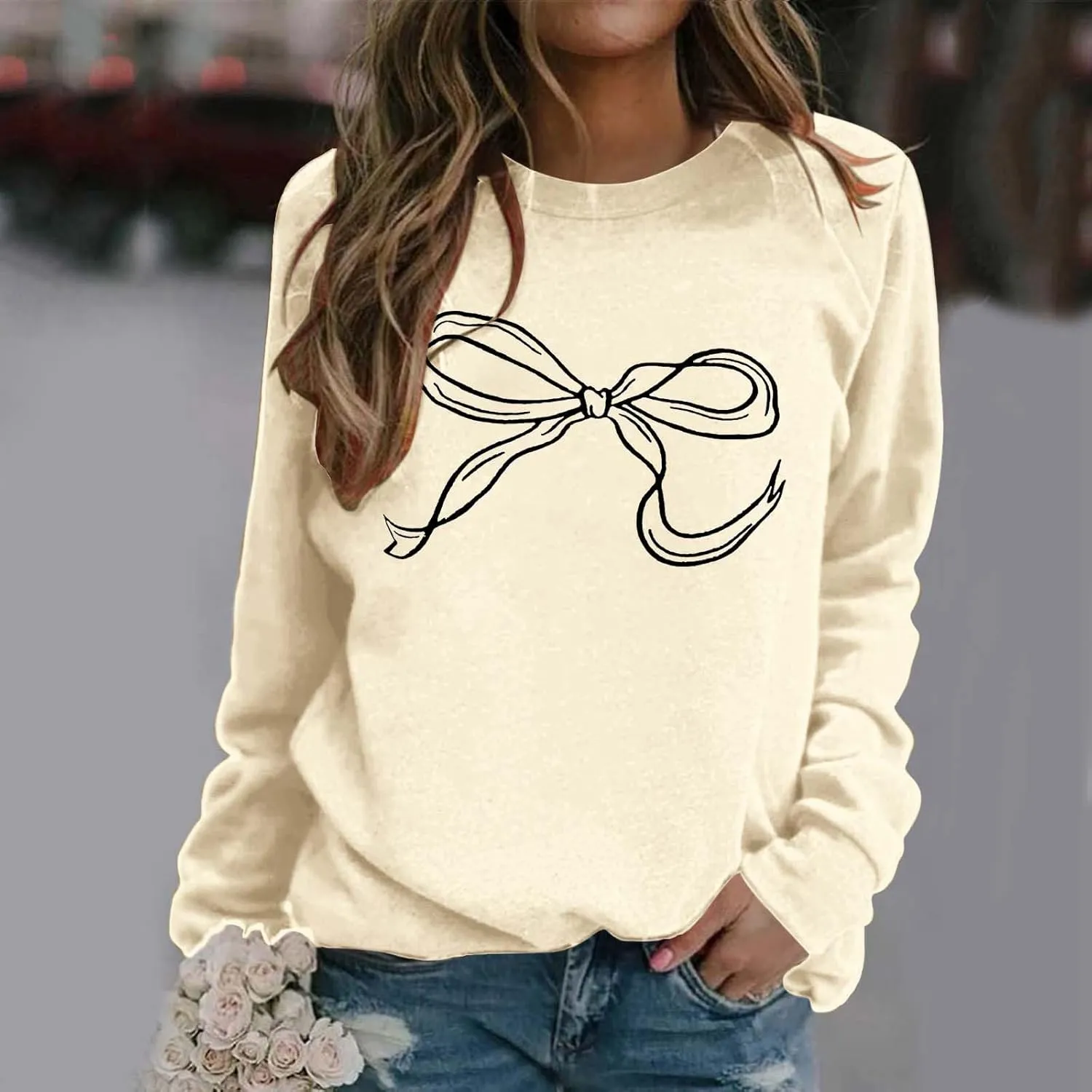 Womens Oversized Crewneck Sweatshirt Hoodies Women Cute Bow Graphic Sweatshirts Long Sleeve Fleece Pullover Bow Sweater Y2k