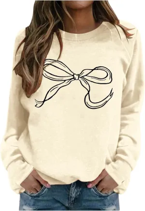 Womens Oversized Crewneck Sweatshirt Hoodies Women Cute Bow Graphic Sweatshirts Long Sleeve Fleece Pullover Bow Sweater Y2k