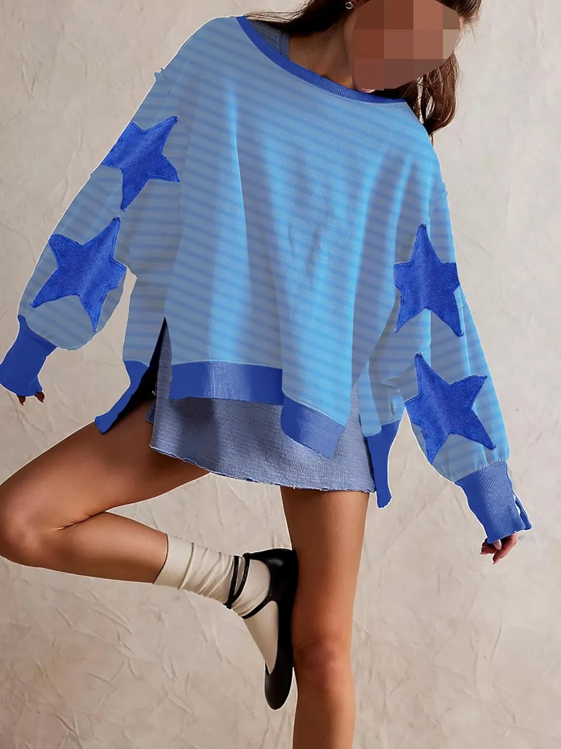 Womens Oversized Crewneck Sweatshirt Y2k Striped Star Long Sleeve Side Slit Pullover Sweatshirt Teen Girl Aesthetic