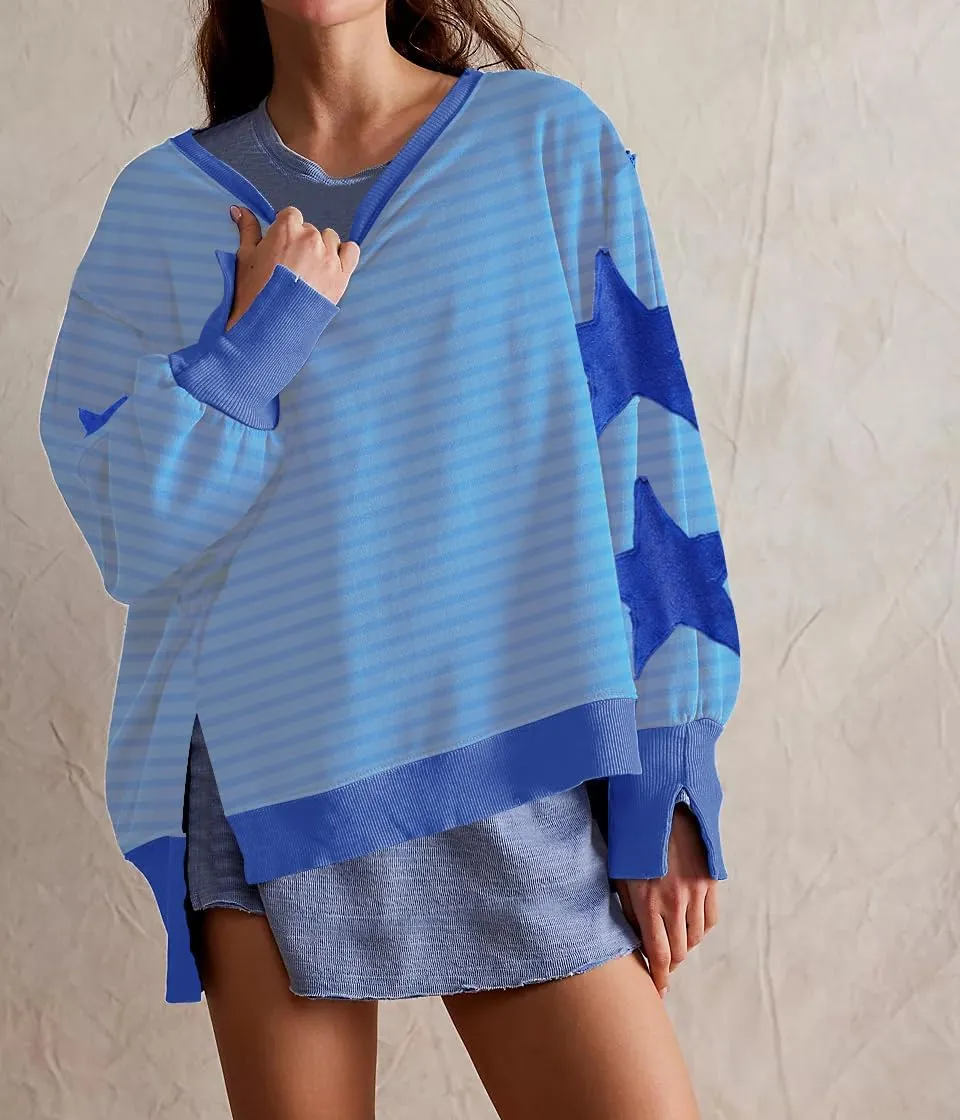 Womens Oversized Crewneck Sweatshirt Y2k Striped Star Long Sleeve Side Slit Pullover Sweatshirt Teen Girl Aesthetic