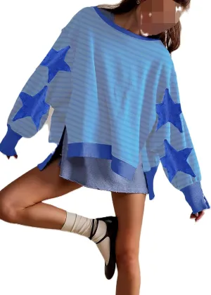 Womens Oversized Crewneck Sweatshirt Y2k Striped Star Long Sleeve Side Slit Pullover Sweatshirt Teen Girl Aesthetic